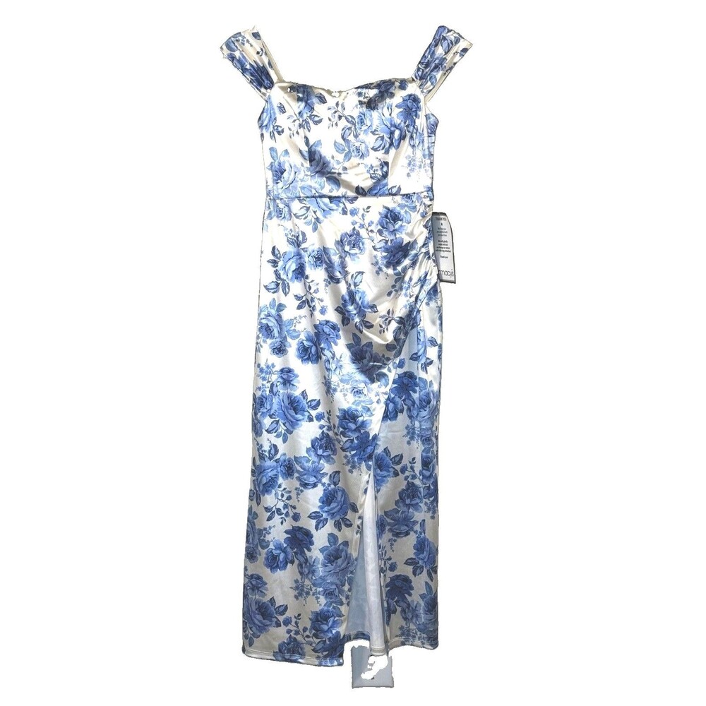 Speechless Floral Satin Off-the-Shoulder Side-Slit Midi Dress Size 3 Cottagecore